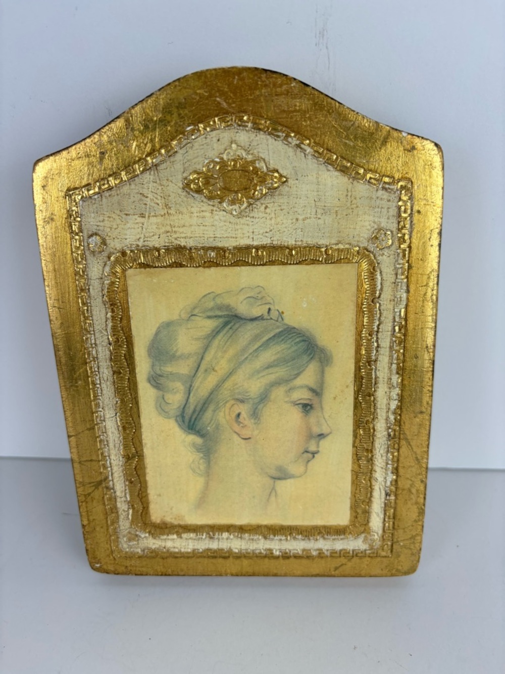 Vtg Florentine Wood Wall Plaque w/Gold Guild/Italy/Girl Potrait